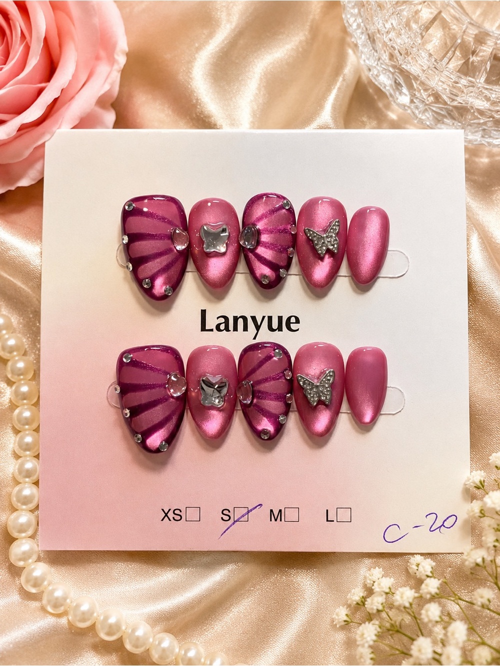 💖 Pink Cat eye Butterfly Glam Press-On Nails